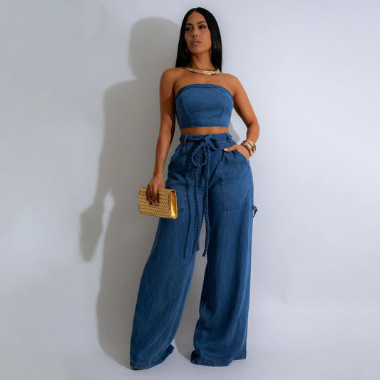 Women Fashion Casual Denim Tube Top Wide Leg Lace-Up Jeans Set