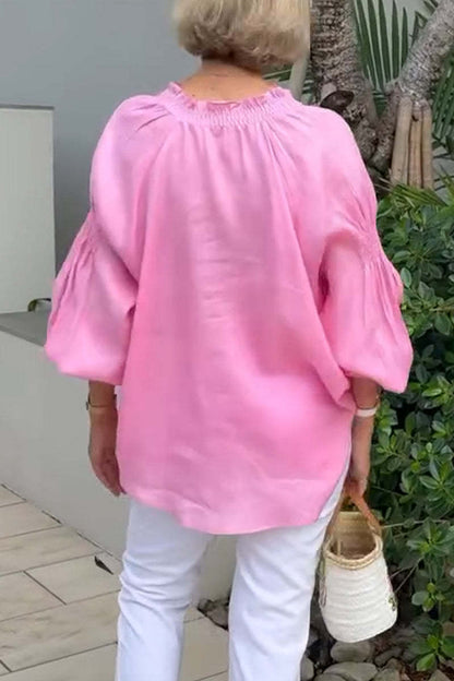 Blusa informal de color liso con cuello en V para mujer
