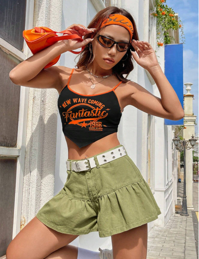 Women Fashion Sexy Irregular Printed Spaghetti Strap Crop Top