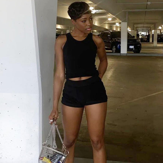 Women Casual Cotton Solid Color Tank Top and Shorts Set