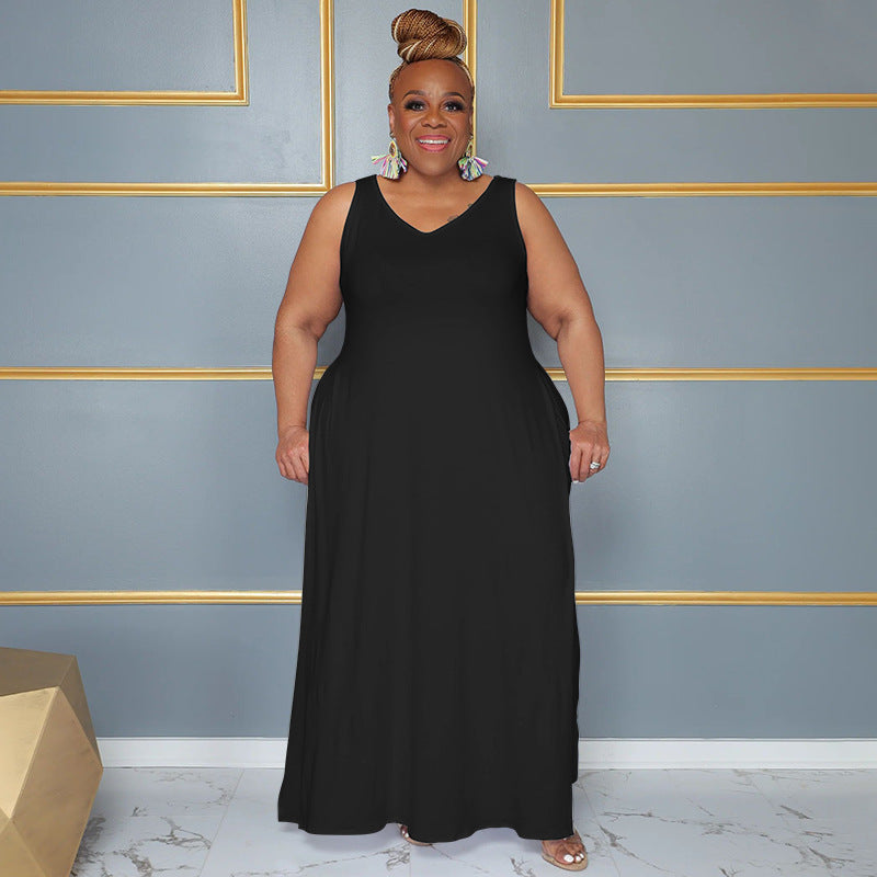 Women Fashion Casual Plus Size Solid Color V-Neck Dress