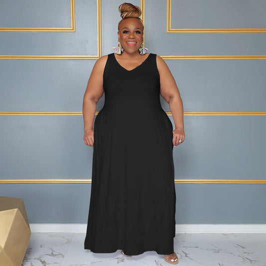 Women Fashion Casual Plus Size Solid Color V-Neck Dress