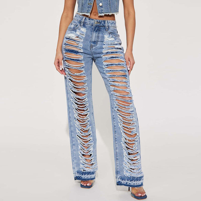 Jean évasé en denim micro-extensible déchiré pour femme, bleu ciel