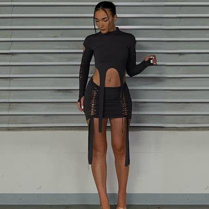 Women Fashion Sexy Solid Color Ripped Two-Piece Set