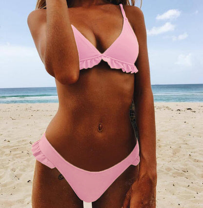 Traje de baño bikini con volantes de color sólido sexy a la moda para mujer
