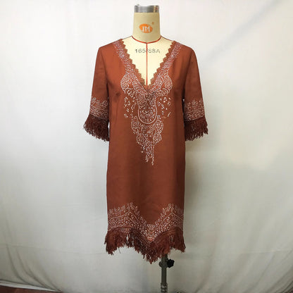 Vestido bohemio de manga corta con cuello en V y estampado para mujer
