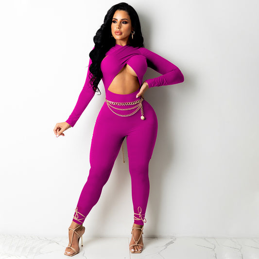 Women Fashion Sexy Solid Color Cross Strap Jumpsuits