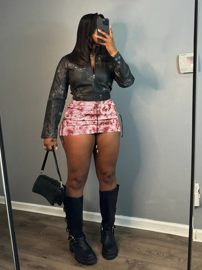 Women Fashion Sexy Printed Pleated Drawstring Pocket Skirt