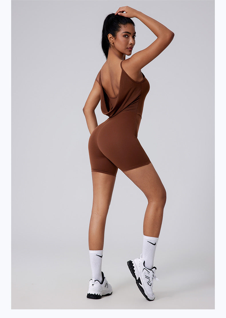 Women Solid Color Sleeveless Yoga Romper Nylon Slim-Fit Sports Jumpsuit