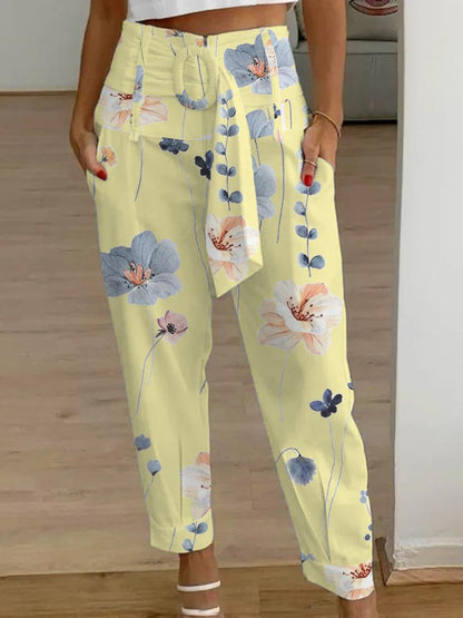 Pantalones casuales de lino con estampado floral de color liso de verano para mujer