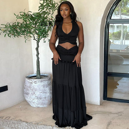Women Fashion Sexy Solid Color Crop Top and Pleated Skirt Set