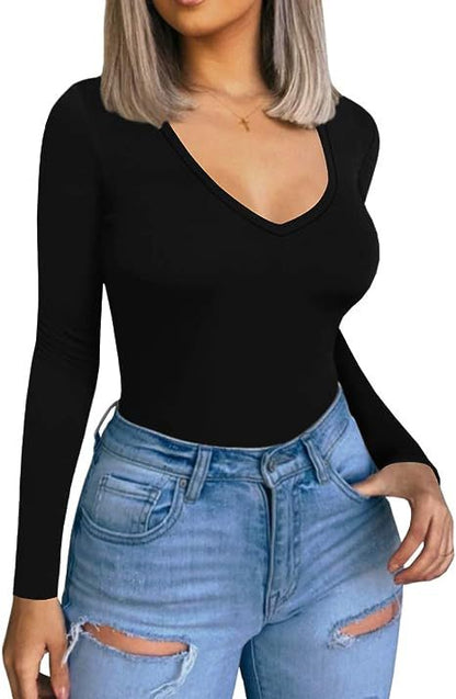 Women Casual Long-Sleeve V-Neck Polyester T-Shirt