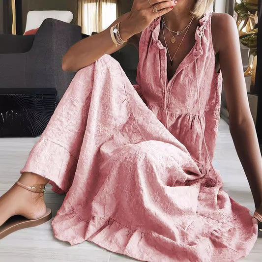 Robe décontractée en coton et lin de couleur unie pour femme