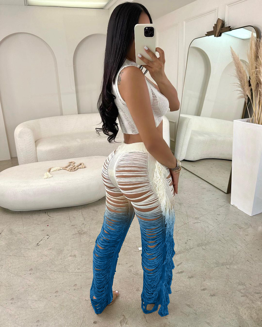 Women Fashion Sexy Contrast Color Hollow-Out Crop Top and Tassel Pants Two-Piece Set