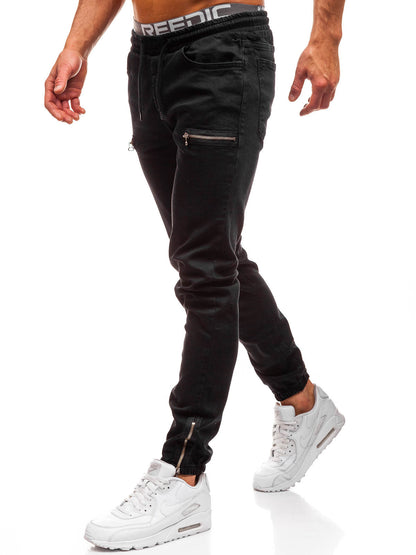 Pantalones casuales de mezclilla esmerilada con cremallera y cordón para hombre