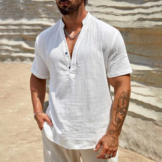 Camisa de manga corta con cuello en V, color liso, estilo vacacional para hombre