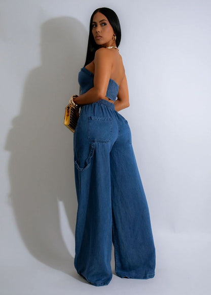 Conjunto de vaqueros con cordones y parte superior de tubo de mezclilla informal a la moda para mujer