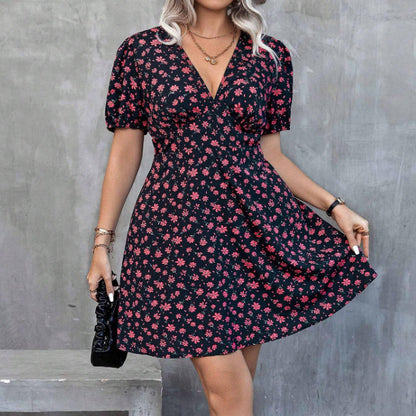 Vestido holgado informal con mangas abullonadas y cuello en V floral para mujer
