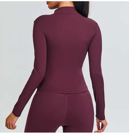 T-shirt de yoga décontracté à manches longues et fermeture éclair pour femme