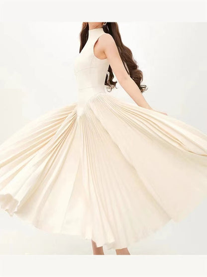 Women Fashion Elegant Solid Color Pleated Dress