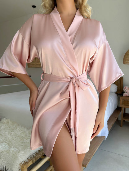 Pijama sexy de satén de color liso con borlas y cordones para mujer.