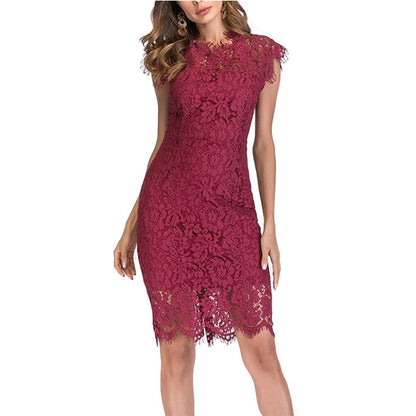 Women Fashion Sexy Solid Color Lace Short-Sleeve Dress