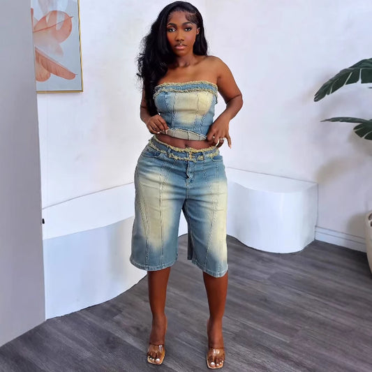 Women Denim Two-Piece Set with High Waist Shorts and Top