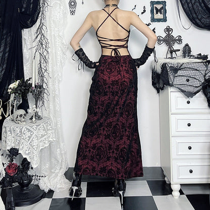 Robe élégante gothique à bretelles spaghetti floquées pour femme