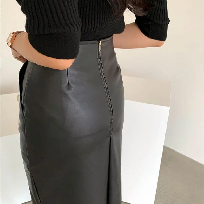Falda dividida de cuero PU de color sólido sexy de moda para mujer