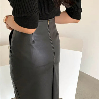 Falda dividida de cuero PU de color sólido sexy de moda para mujer
