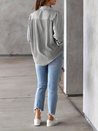 Blusa informal de poliéster con solapa y manga larga a rayas para mujer, corte holgado