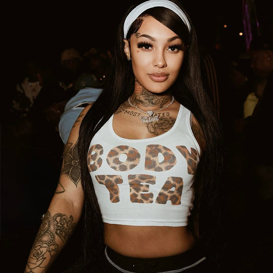 Women Fashion Sexy Leopard Letter Print Sleeveless Crop Top