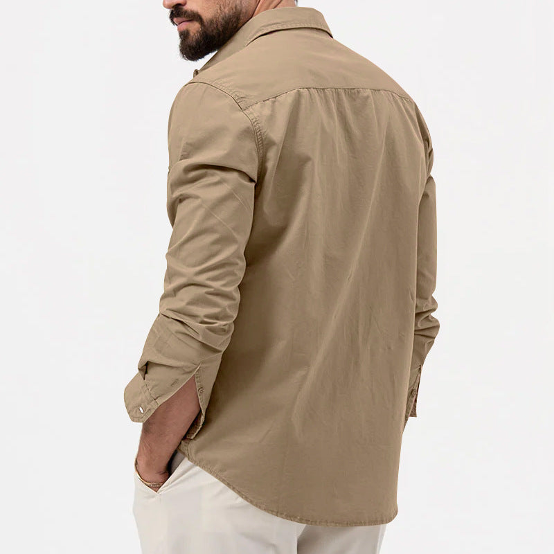 Men's Fashion Casual Solid Color Long Sleeve Lapel Shirt