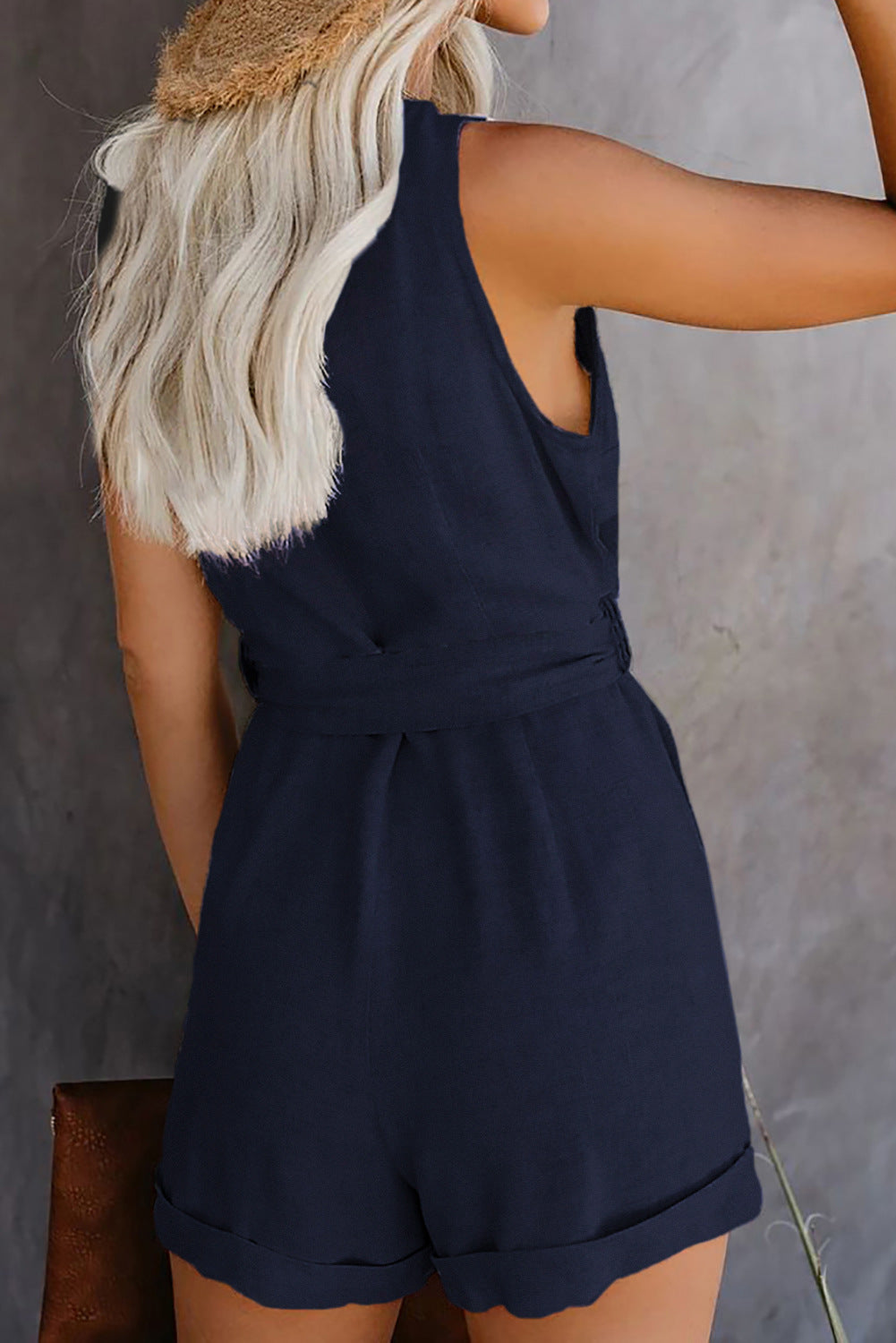 Combinaison décontractée à lacets et col en V pour femme, couleur unie, sans manches