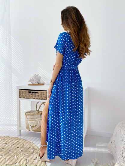 Women Fashion Casual Dot Printed V-Neck Dress
