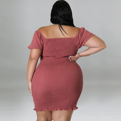 Women Solid Color Off Shoulder Short-Sleeve Dress