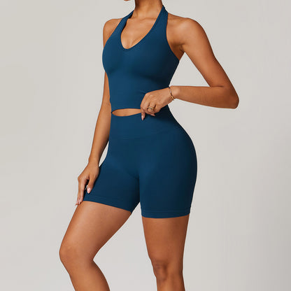 Conjunto de camiseta sin mangas con cuello halter, sin costuras y color liso para mujer