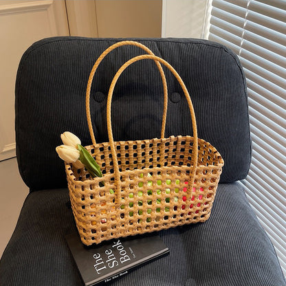 Bolso de mano informal de cesta de verduras tejida en color liso para mujer