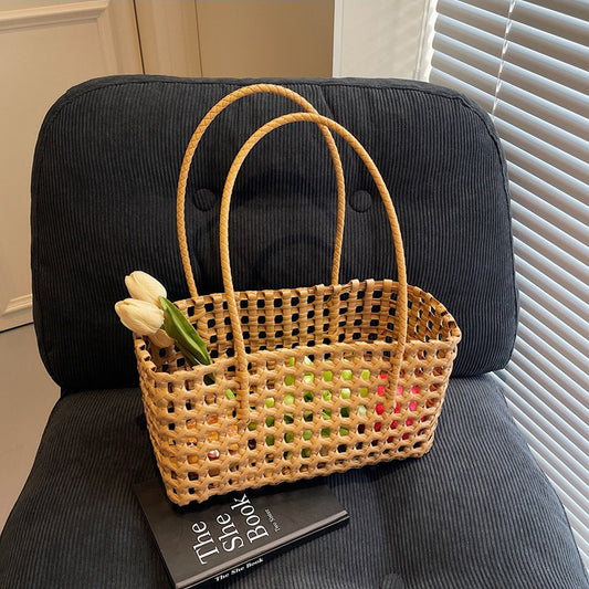 Bolso de mano informal de cesta de verduras tejida en color liso para mujer