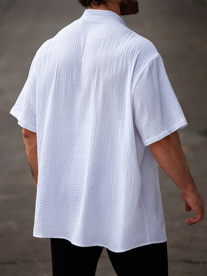 Camisa informal de algodón de manga corta con cuello alto para hombre