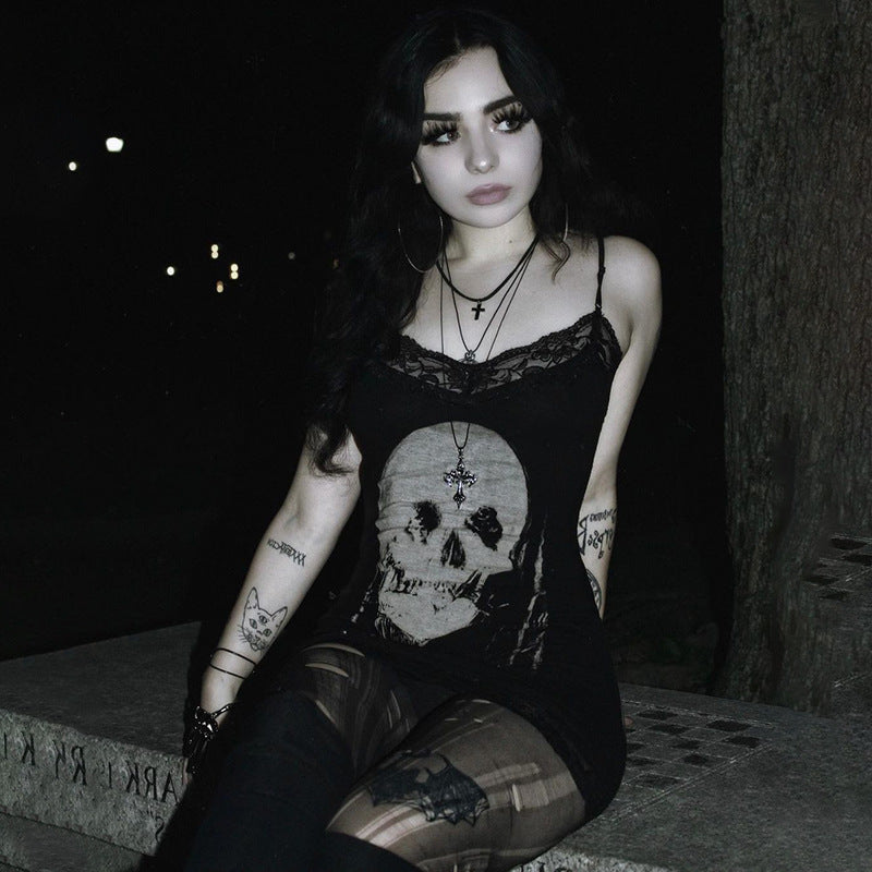Robe sexy en dentelle gothique à imprimé tête de mort pour femme