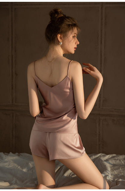 Conjunto de pijama holgado de dos piezas con camisola y pantalones cortos de seda helada para mujer