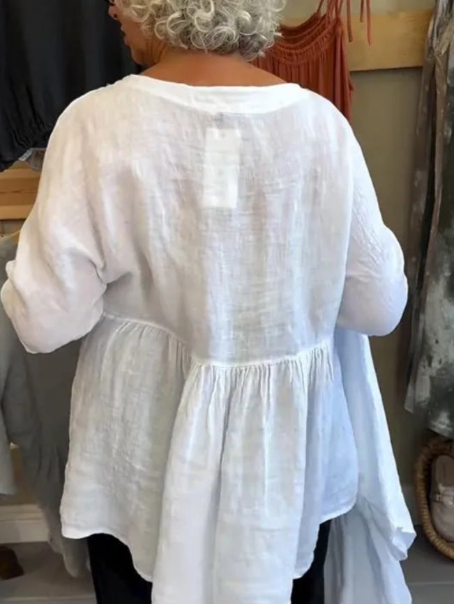 Women Casual Solid Cotton Linen V-Neck Blouse
