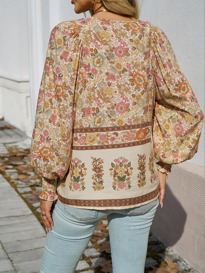 Women Fashion Boho Vacation Printed V-Neck Long-Sleeve Lace-Up Blouse