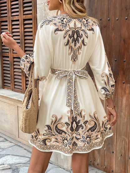 Vestido bohemio con cuello en V y estampado para mujer