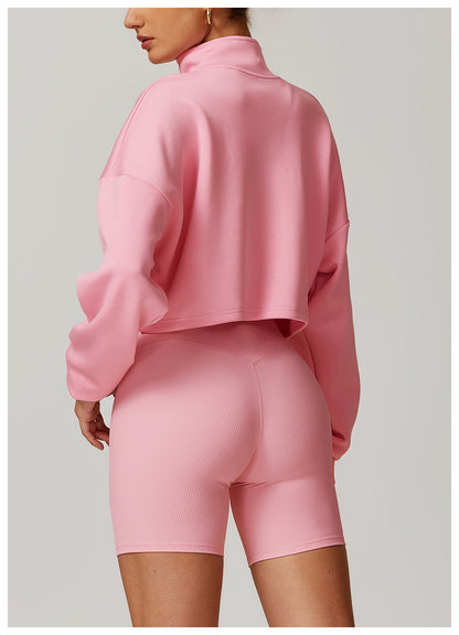 Sweat-shirt décontracté à col montant et couleur unie pour femme