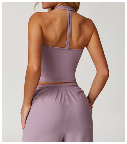 Camiseta de yoga informal sin espalda de color sólido para mujer