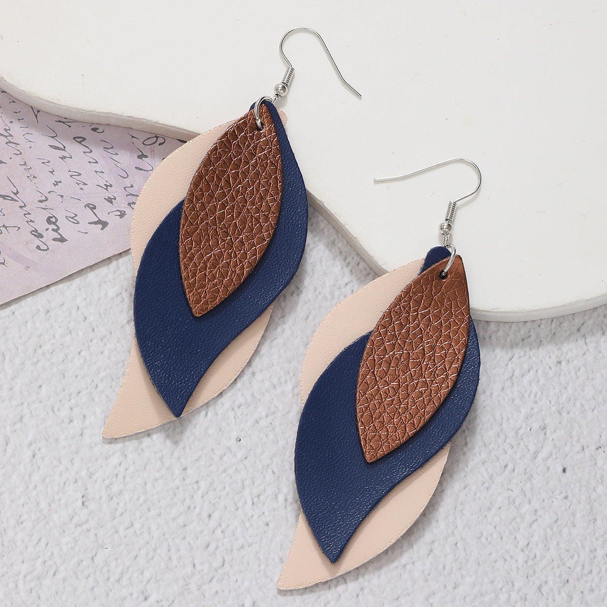 Women Fashion Pu Leather Triple Leaf Shape Earrings