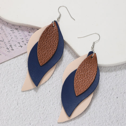 Women Fashion Pu Leather Triple Leaf Shape Earrings