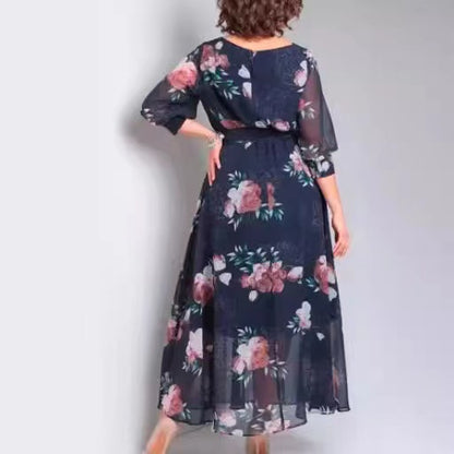 Women Fashion Casual Floral Printed Long Sleeve Loose Dress in Polyester